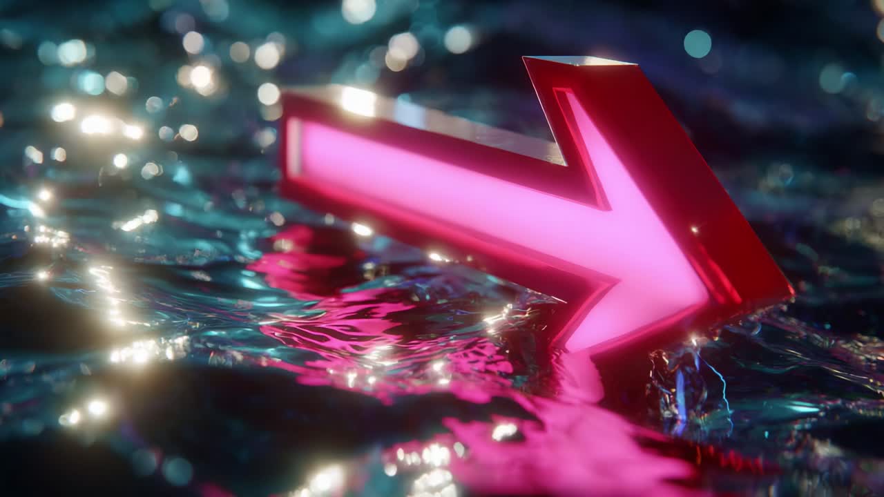 A Vibrant Neon Arrow Illuminates the Surface of a Reflective Water Body, Capturing the Essence of Direction and Motion in a Stunning, Colorful Display That Draws Attention and Lures the Eye