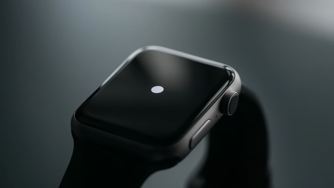 Smartwatch che si centra su un supporto, l'illuminazione si sposta, accentuando il punto bianco e la corona, mostrando il design tecnologico.