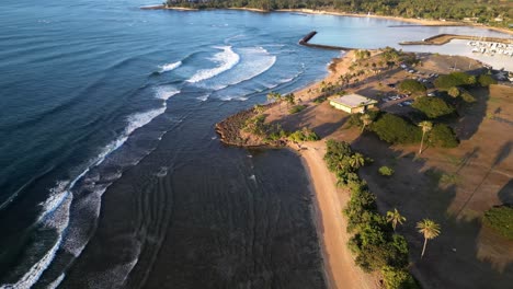 Aerial-View-Of-Haleiwa-Alii-Beach-Park-On-North-Shore-Of-Oahu-In-Hawaii