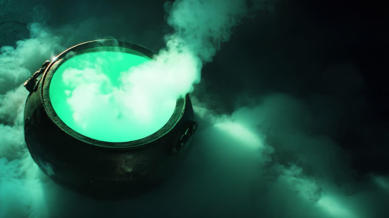 A Mystical Cauldron Surrounded by Ethereal Fog and Enigmatic Green Mist Capturing the Essence of Magic and Alchemy in an Enchanted Atmosphere