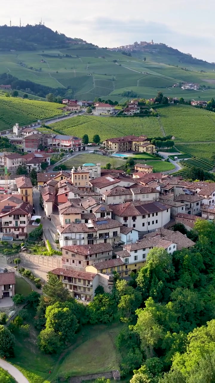 La telecamera del drone panoramica su un villaggio storico italiano circondato da lussureggianti paesaggi di vigneti verdi.