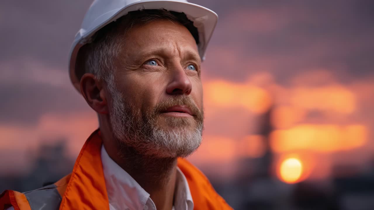 Determined Construction Worker Gazes into the Future Against an Inspiring Sunset Background, Capturing the Essence of Hard Work and Dedication in Industry