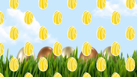 Vídeo-Compuesto-De-Huevos-De-Pascua-Amarillos-En-Un-Patrón-Impecable-Contra-La-Hierba-Verde-Y-Huevos-De-Pascua