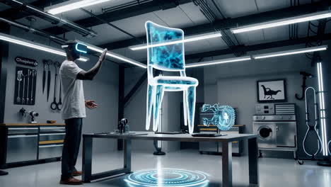 man designing a holographic chair using virtual reality technology