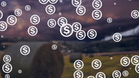 animación de iconos de dólares sobre el paisaje