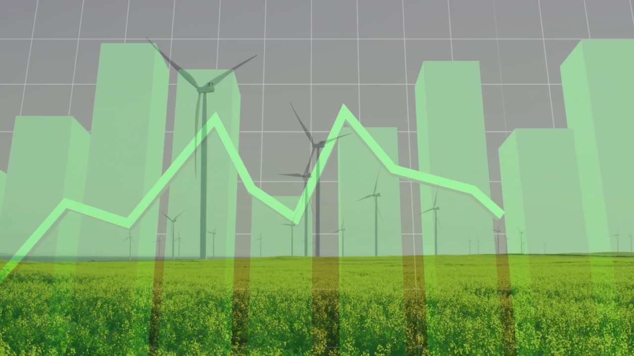 Wind turbines in field with green graph line over cityscape animation