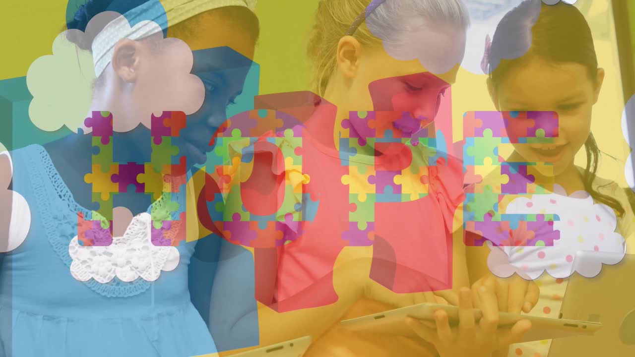 animación de rompecabezas y texto de esperanza sobre diversos escolares
