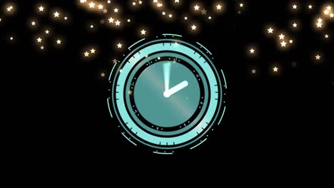 Animation-of-clock-with-moving-hands-over-glowing-stars-on-black-background