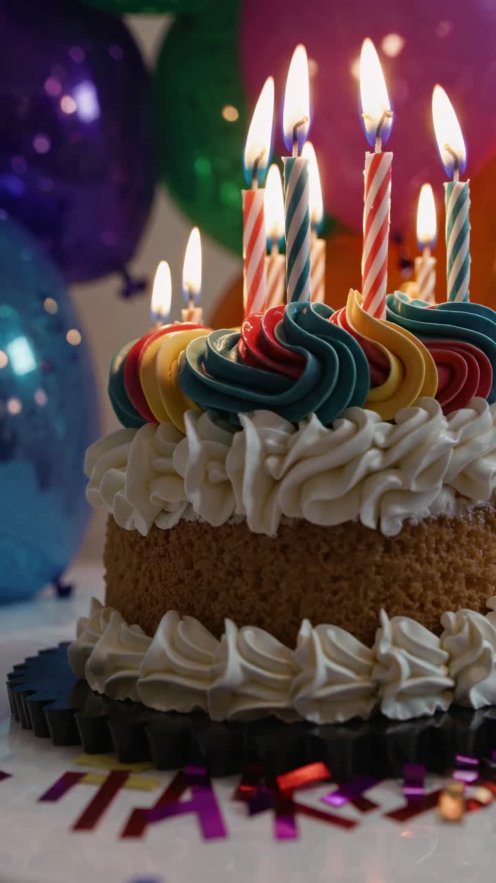 Close-up angle of a colorful birthday cake with lit candles, surrounded by balloons