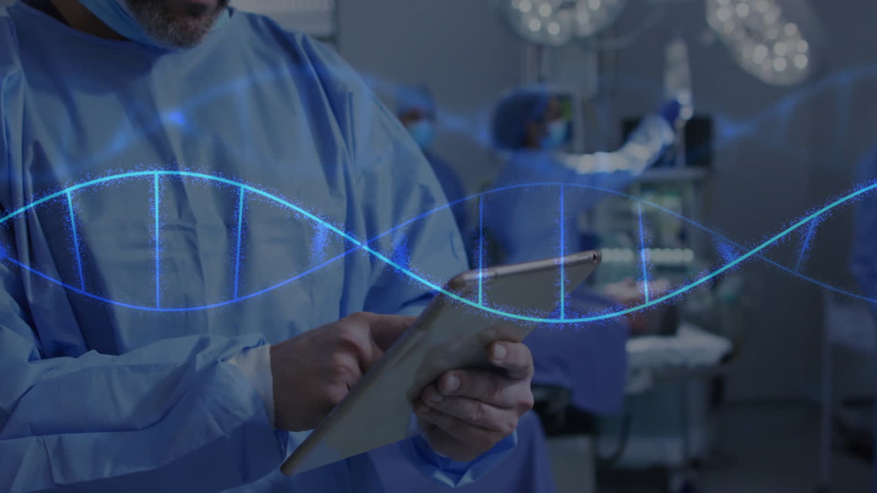 DNA strand animation over medical professionals working in surgical room