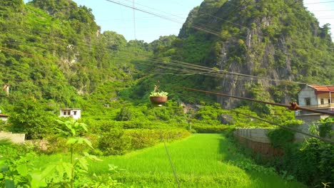 Low-angle-shot-of-ropeway-transporting-ripe-sugar-apple-fruit-from-hilltop-in-Chi-Lang-district,-Lang-Son-province,-Vietnam-at-daytime