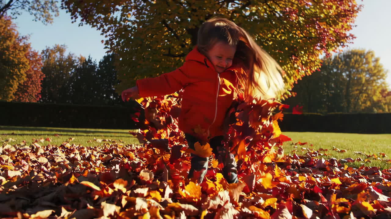 A happy child playing in a pile of autumn leaves, throwing them into the air