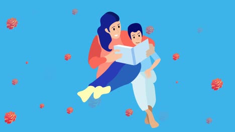 animation of illustration of mother and son reading book, with red roses on blue