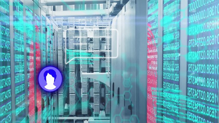 Animation of profile and message icon over data processing against computer server room