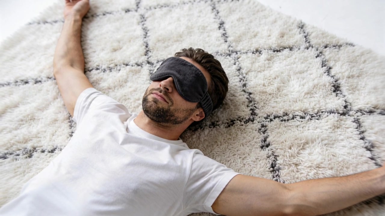 Lying adult man wearing white t-shirt, dark sleep mask on diamond grid rug at home, resting
