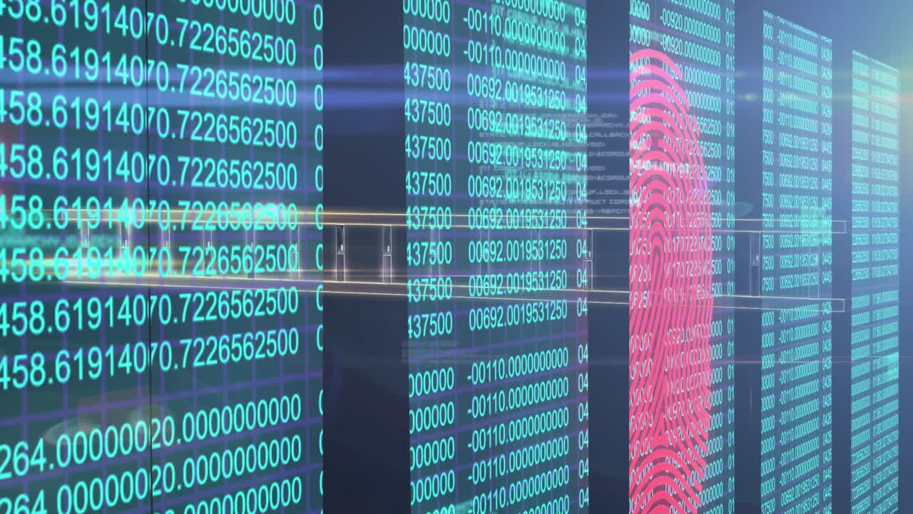 Animation of numbers and data processing on screens over black background