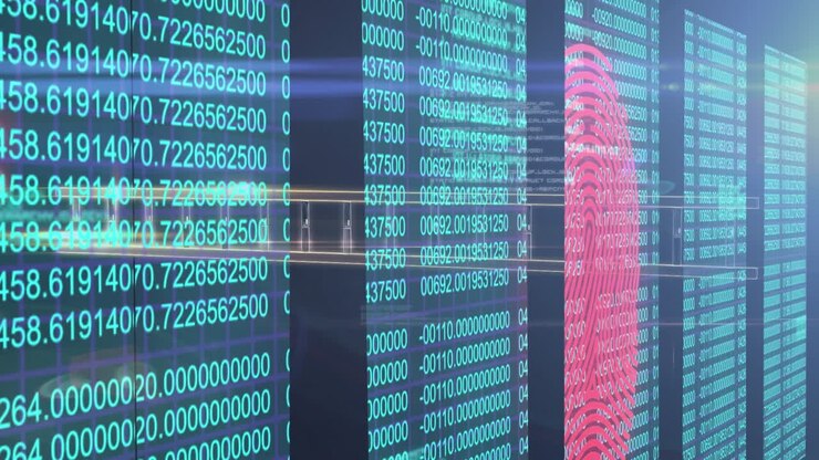 Animation of numbers and data processing on screens over black background