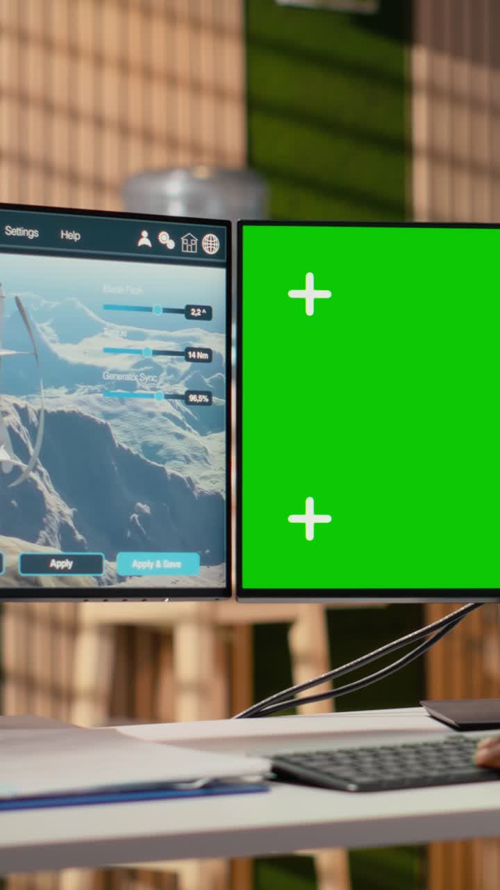 Engineer uses green screen mockup PC to do clean energy production testing