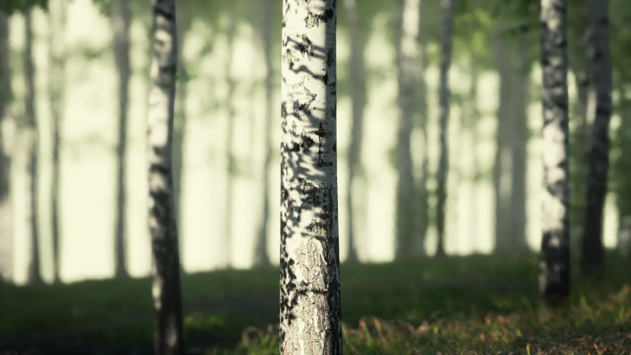 Sunlight filtering through birch forest at dawn