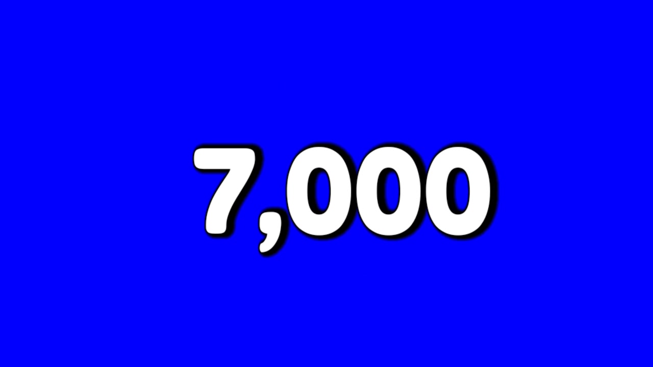 Numero 7000, simbolo di prezzo con effetti fumo, animazione grafica in movimento in stile cartone animato su sfondo a schermo blu per elementi video.