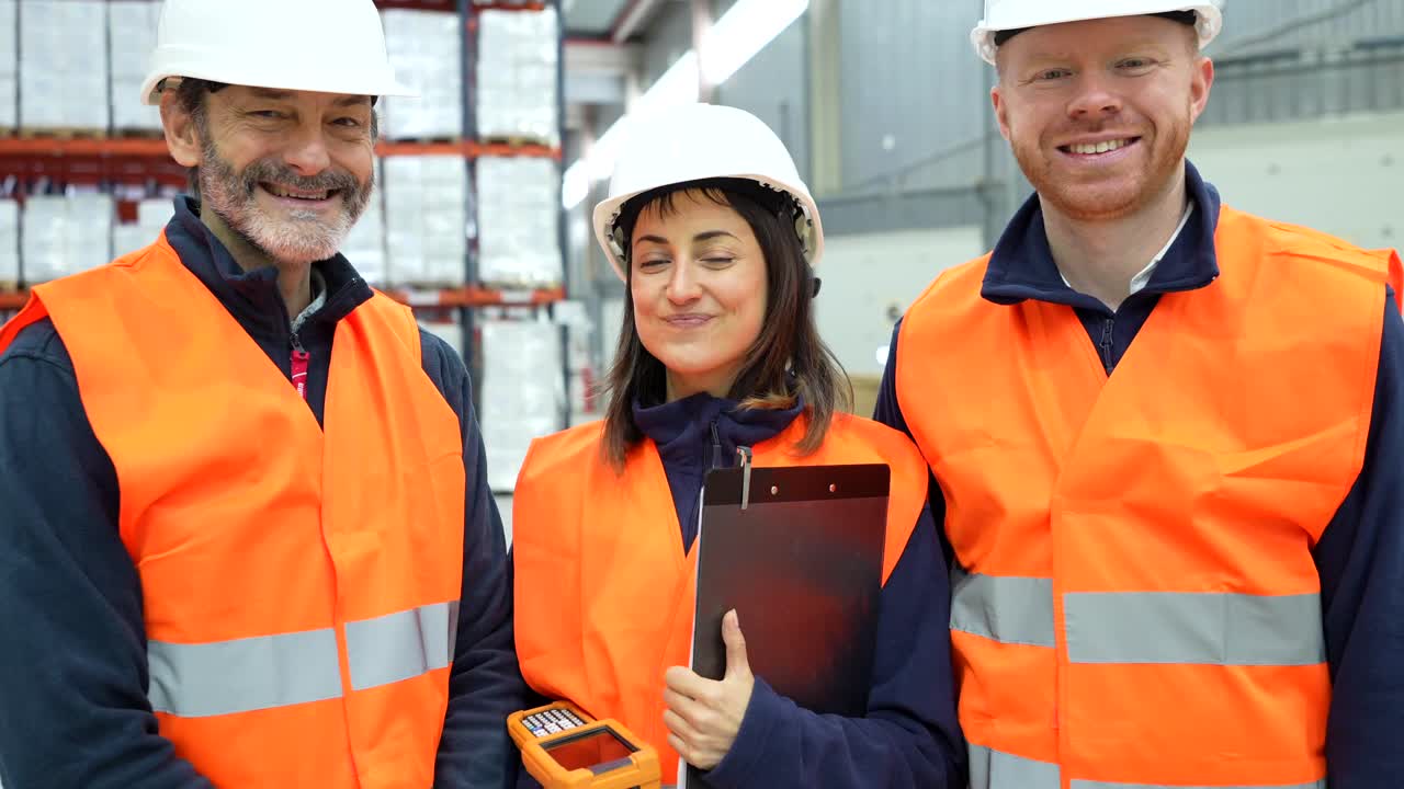 Trabajadores de almacén con equipos de seguridad