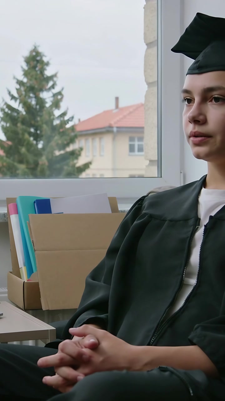Vertikal video: Optagelse af dimittend, der åbner øjnene, flytter blikket ned mod vinduet i kåbe, plads til tekst
