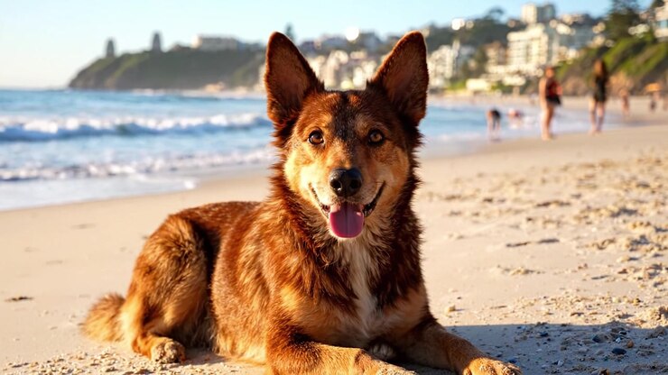 Un Perro Feliz Disfruta de un Día Relajante en la Playa, Bañado por el Sol con Olas Suaves Rompiendo en la Orilla y Gente Disfrutando del Buen Tiempo al Fondo