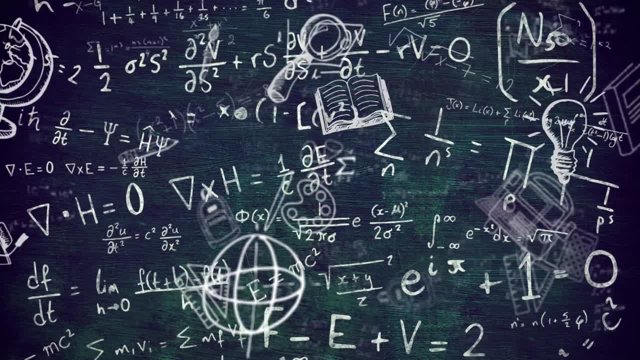 animación digital de iconos de conceptos escolares y ecuaciones matemáticas contra un fondo azul