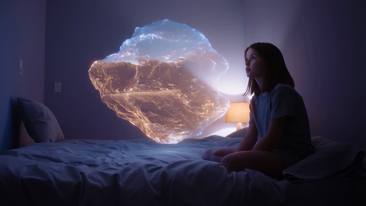 Girl beholding a glowing, floating object in her bedroom