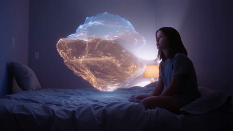 girl beholding a glowing, floating object in her bedroom