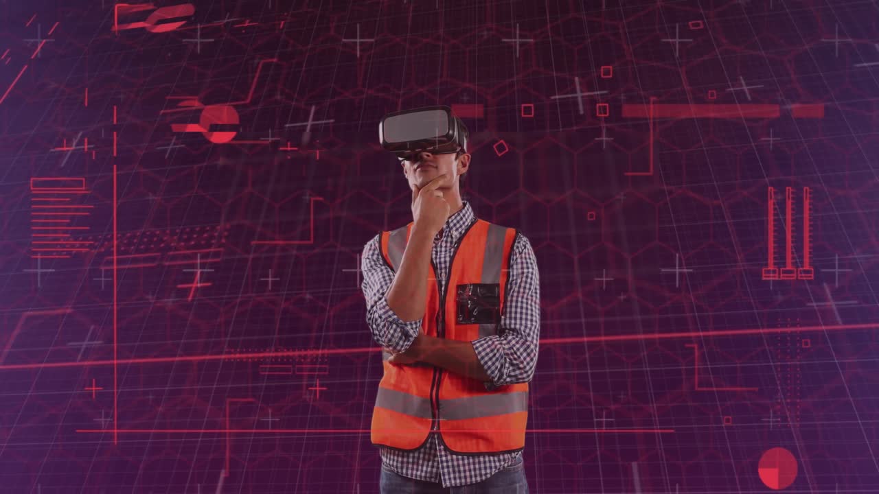 animación de diversos datos y gráficos sobre ingeniero caucásico en auriculares vr