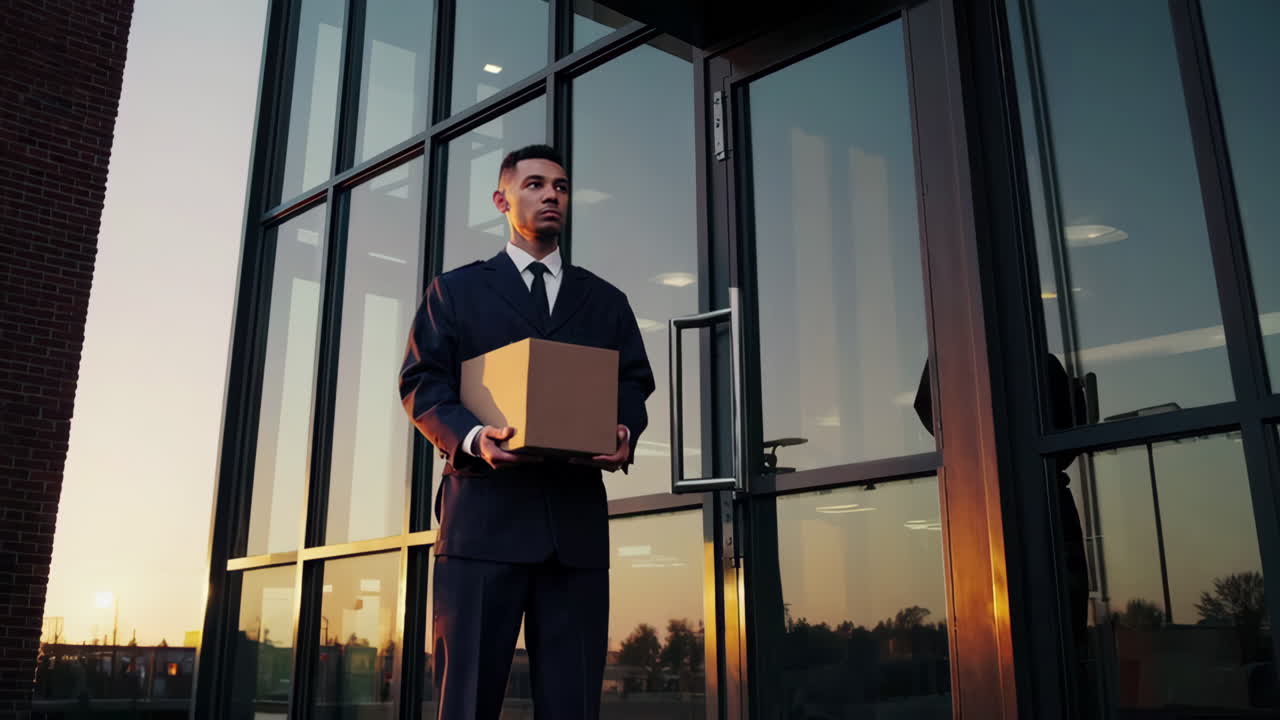 guardia de seguridad con paquete en el edificio de oficinas