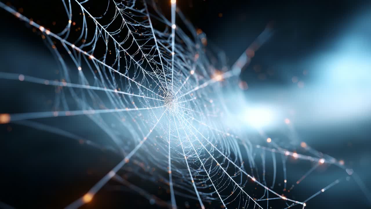 A Stunning Close-Up of a Delicate Spider Web Captured in Glimmering Light, Showcasing the Intricate Patterns and Unity of Nature in an Ethereal Background