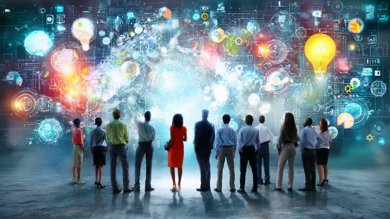 A Group of Diverse Individuals Stands in Awe, Gazing at a Stunning Display of Digital Light, Colorful Icons, and Abstract Shapes Representing Innovation and Creativity in Technology