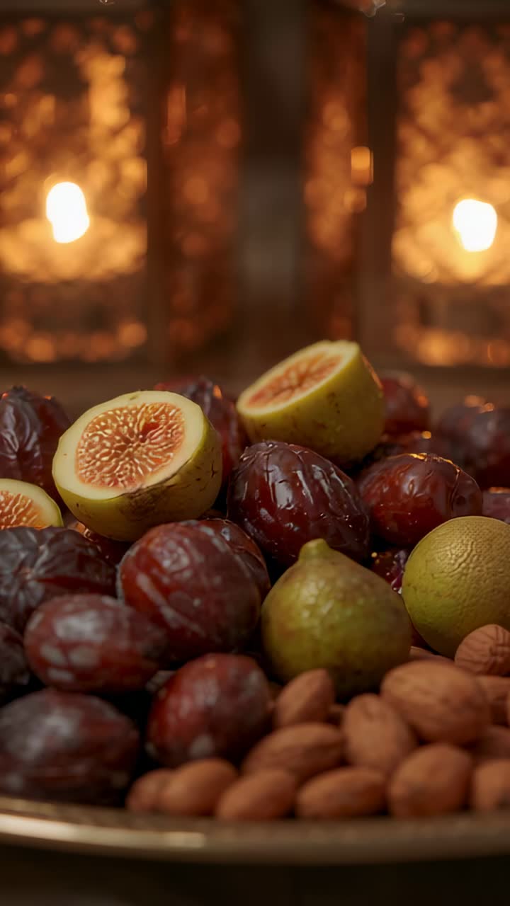 Vertical video: Camera pulling back, metal tray showing halved fig, dates, almonds on table lantern
