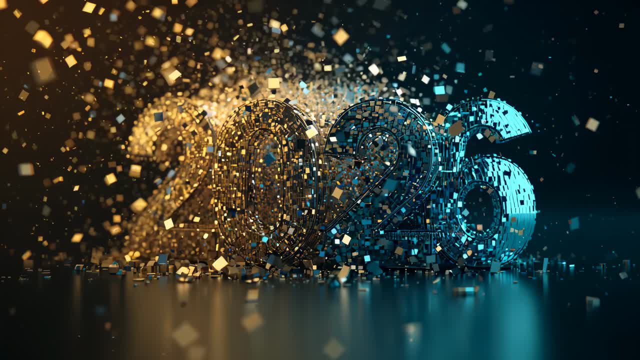 Sequenza in progressione, numeri 2026 che emettono frammenti di cubo verso l'alto su base riflettente, ambra ciano