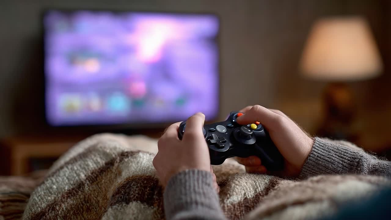 Immersed in Play: A Cozy Evening of Gaming, Controller in Hand and Adventure on Screen, Perfect for a Relaxing Night Indoors with Engaging Visuals
