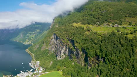 aerial drone shots of geiranger fjord, norway