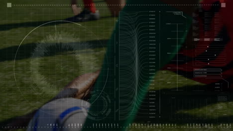 animation of diverse data processing over legs of diverse male soccer players