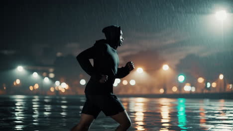 man running in the rain at night