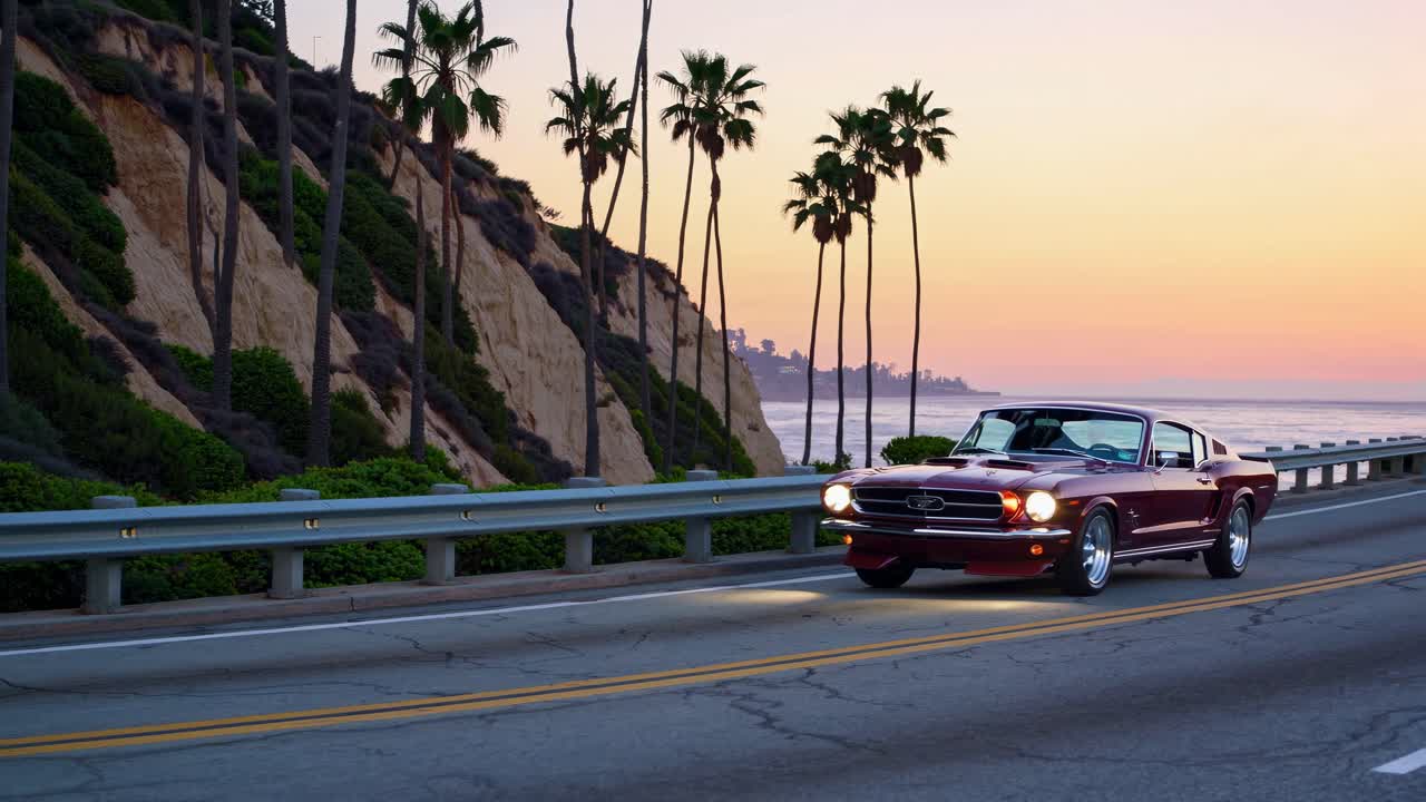 A classic car drives along a coastal road at sunset, captured from a low-angle shot