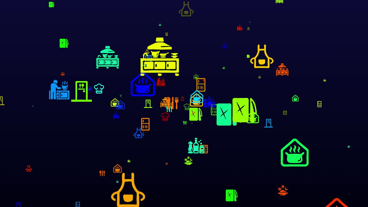 국제 요리사 날: 네온 아이콘 배경, 원활한 패턴, 루프 애니메이션, 작은 다채로운 아이콘, 일러스트레이션 또는 로고가 나타나고 검은색 배경에 천천히 날아갑니다.