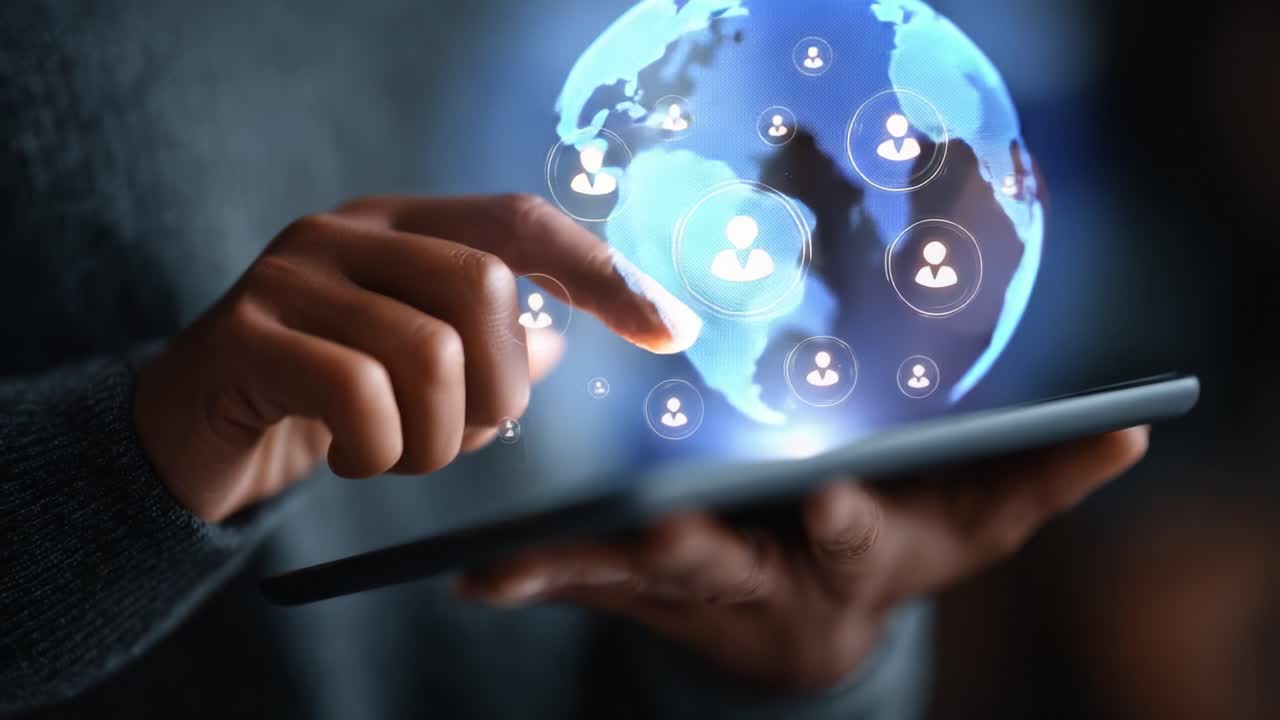Exploring Global Connectivity: A User Interacts with a Smart Device, Engaging with Virtual Social Circles and Global Networks in an Interactive Digital Environment