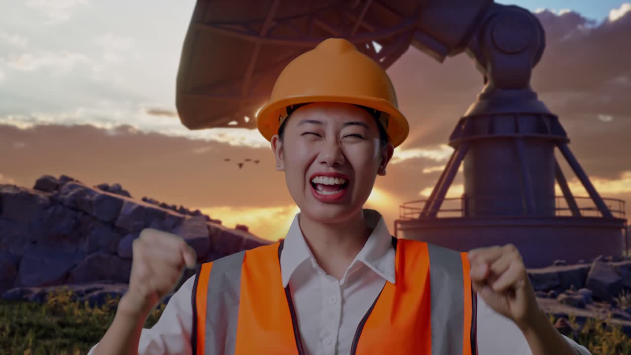 Close Up Of Asian Female Engineer With Safety Helmet Screaming Goal And Dancing Celebrating With Large Satellite Dish