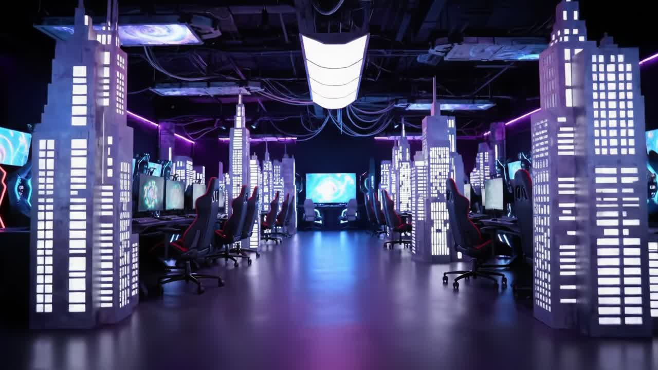 Futuristic Gaming Arena Featuring High-Tech Computers Surrounded by Sleek Neon Architecture, Perfect for Competitive Esports and Gaming Enthusiasts to Enjoy Unique Experiences
