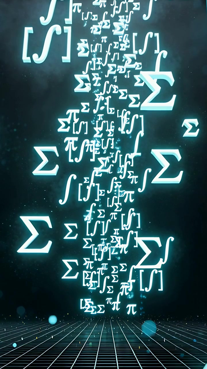 Vertical video: Animating vertical column of math glyphs pulsing over grid, creating tech effect