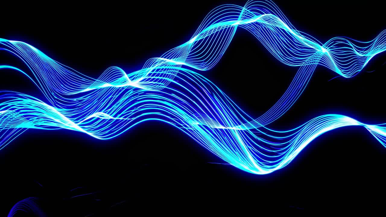 Dynamic video concept with flowing blue light trails on a black background