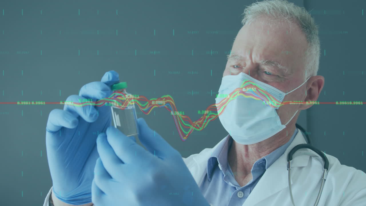 금융 데이터 처리 애니메이션과 백신을 들고 있는 얼굴 마스크를 입은 남성 의사