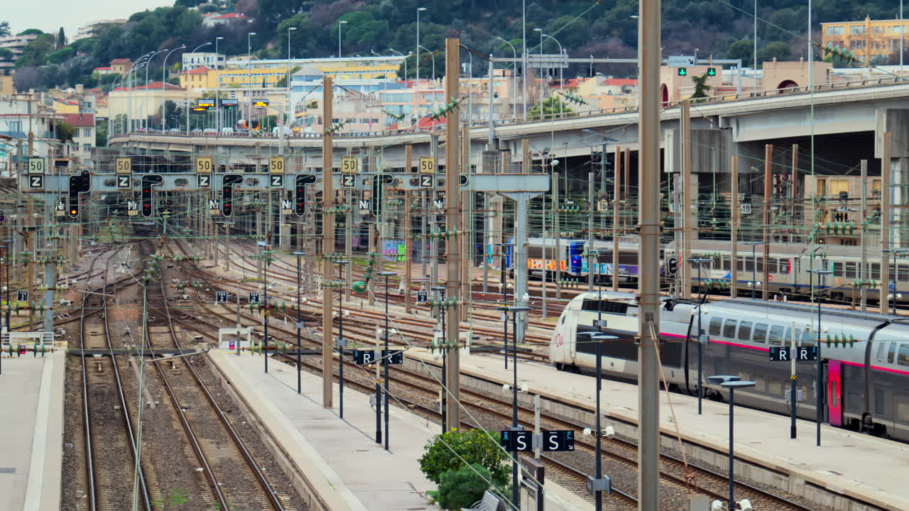 Nice, France - February 4, 2025: Trains on the rails in the Nice Ville Central train station
