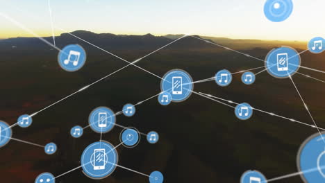 animation of networks of connections with icons over clouds and sky